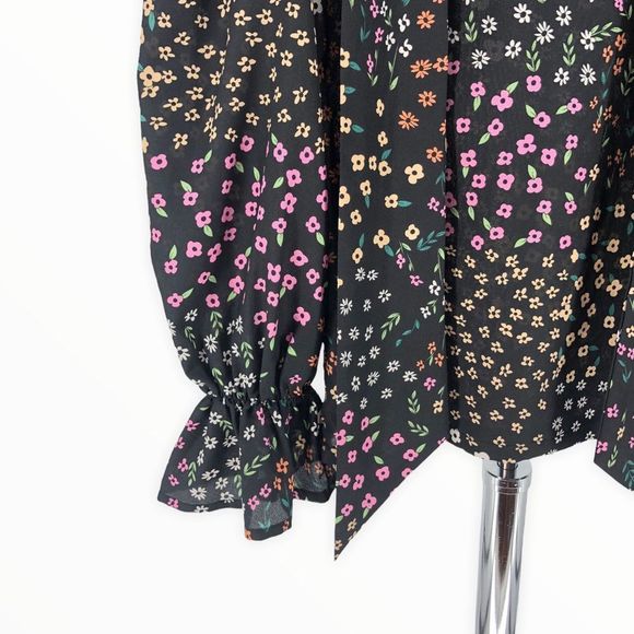Never Fully Dressed Black Meadow Floral Tie Neck Long Sleeve Cinched Cuff Top 2 - Picture 5 of 12